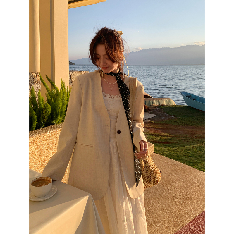 Even Yiwen [Simple Korean Style] Korean-Style High-Intelligence, Lazy and Relaxed Style Jacket, Simple French-Style Apricot-Colored Suit