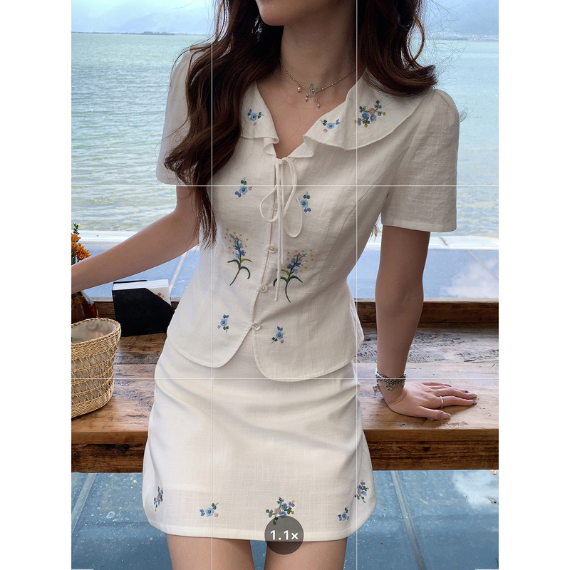 Even Yiwen【Linglong Chunxi】Korean-Style High-End Top + Skirt Two-Piece Set Pure Cotton Embroidered Waist-Cinching Suit