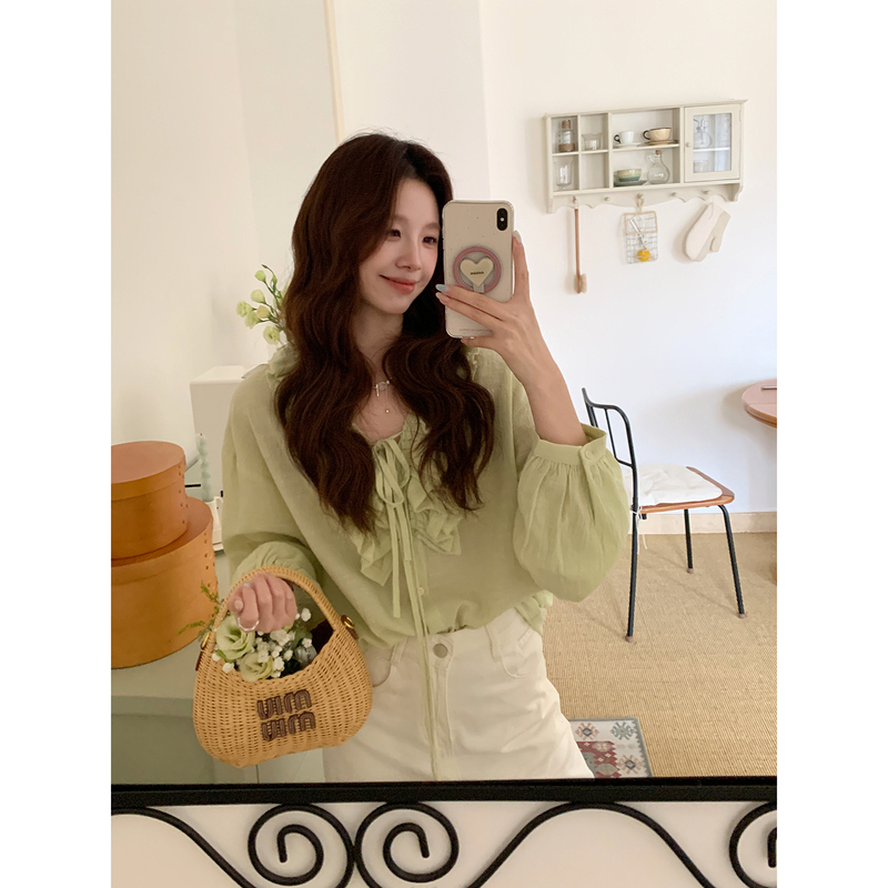 Even Yiwen【Pear Blossom Rain Visit】Korean-Style High-Waisted Pleated Ruffle Shirt Casual Relaxed Lace-Up Top Even Yiwen【Pear Blossom Rain Visit】Korean-Style High-Waisted Pleated Ruffle Shirt Casual Relaxed Lace-Up Top