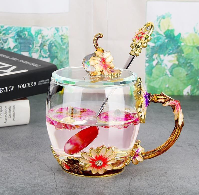 Daisy enamel cup household drinking water glass cup heat-resistant high borosilicate flower tea cup coffee cup water cup female summer use