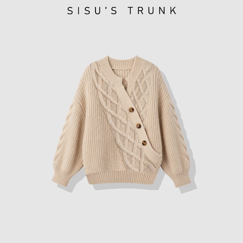 Sisu'Strunk "Chestnut Roast" French-Style Lazy Style Cable Knit Cardigan with Diagonal Placket and Horn Buttons Sisu'Strunk "Chestnut Roast" French-Style Lazy Style Cable Knit Cardigan with Diagonal Placket and Horn Buttons