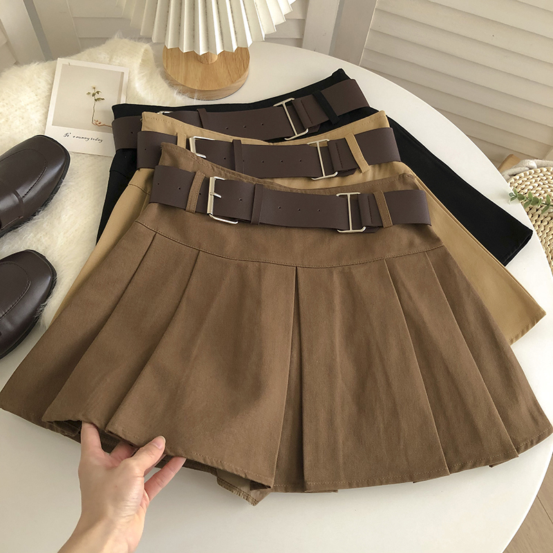 Khaki Pleated Skirt for Women, Spring and Summer, Anti-Exposure, Retro High-Waisted, Slimming A-Line Skirt, Sexy and Versatile Short Skirt