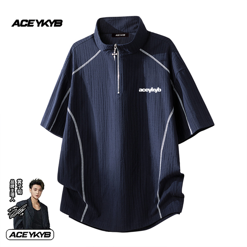 Huang Zitao's Ykyb Half-Zip Stand Collar Short-Sleeve T-Shirt, Unisex Loose Fit Versatile Sports Style Trendy Top