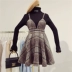 Đầm kẻ sọc retro Váy nữ mùa thu và mùa đông Sản phẩm mới hoang dã Slim Slim Đu lớn eo cao bên ngoài dây đeo đầm sơ mi trắng that eo Váy eo cao
