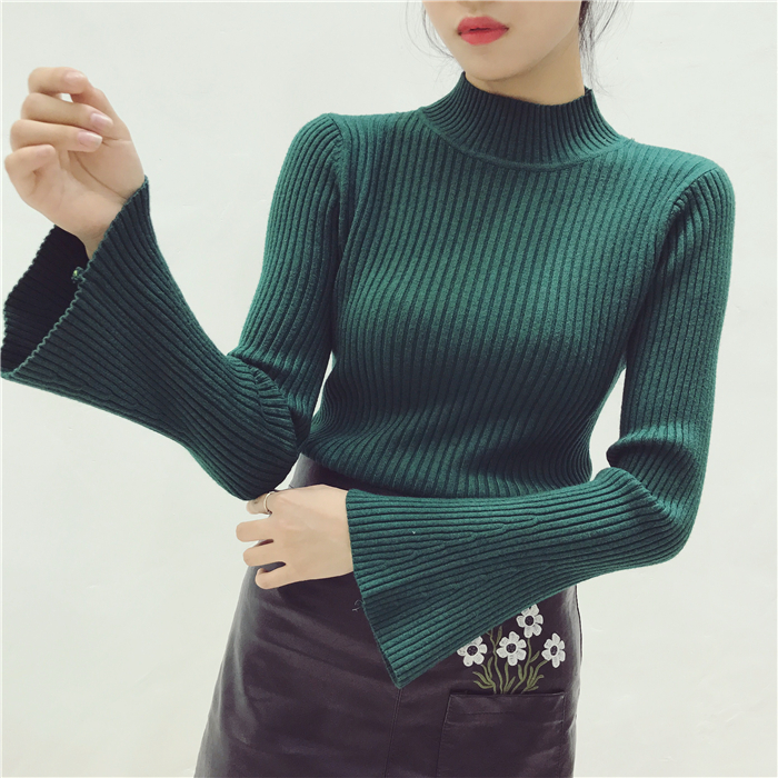 Mùa xuân phiên bản Hàn Quốc mới của áo len chui đầu cao nửa cổ tay áo kèn tay áo len nữ Slim mỏng chạm đáy đan áo cardigan nữ