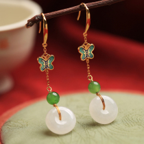 Small silversmith and Tian Yuu pure silver Ping An earrings female Chinese wind enamel butterfly ancient wind temperament jade earrings