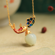 Small silversmith pure silver ancient fagin and field jade necklace female enamel carp lotus jade pendant light extravagant and senior