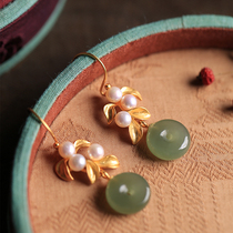 Small silversmith original and field jade pure silver ancient method gold flat security with Chinese wind retro ancient temperament earrings Earrings Pendant