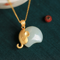 Small silver artisan original pure silver ancient Fagin gold natural and field jade small elephant jade pendant female white jade necklace pendant
