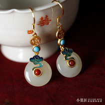 Small silversmith Chinese wind pure silver ancient method gold inlaid and field jade enamel long style earrings female temperament retro ear pendant earrings