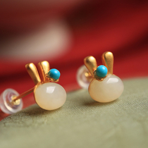 Small silversmith and field jade pure silver small rabbit ear nail woman advanced with small crowd design feeling light and luxurious eared earrings