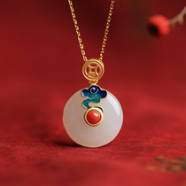 Small silver artisan pure silver ancient method gold inlaid and field jade national tide jade green buckle pendant retro style crystal necklace female summer