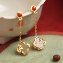 Small silver artisan elegant bamboo and field jade pure silver plated 18k gold four-leaf straw earrings female temperament jade ancient wind ear pendant