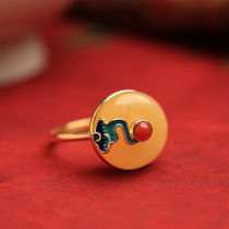 Small silversmith Forbidden City natural nectar wax pure silver plated 18k gold opening ring lady enamel Enamel Clouds Ancient Wind