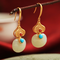 Small silver cobbler pure silver ancient method gold inlaid and field jade hyacinth earrings female Chinese wind temperament ancient wind Atmospheric Earrings Pendant