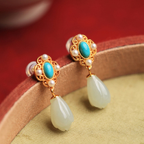 Small silversmith and Tian jade pure silver earring ring female Chinese wind jade orchid green pine stone ancient wind temperamental flower earbuds earbuds