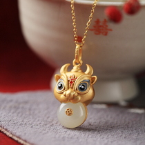 Small Silver Artisan Bull Gas Rushing Sky Pure Silver Ancient Farin Gold Inlaid and Tian Yusheng Xiao Calf Pendant female Chinese Bull Year Necklace