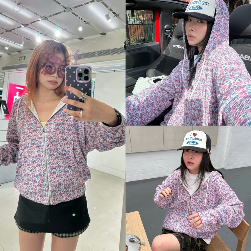 Korean Boutique Stussy 26 Autumn and Winter New Floral Waffle Zipper Sweatshirt Hooded Jacket for Women