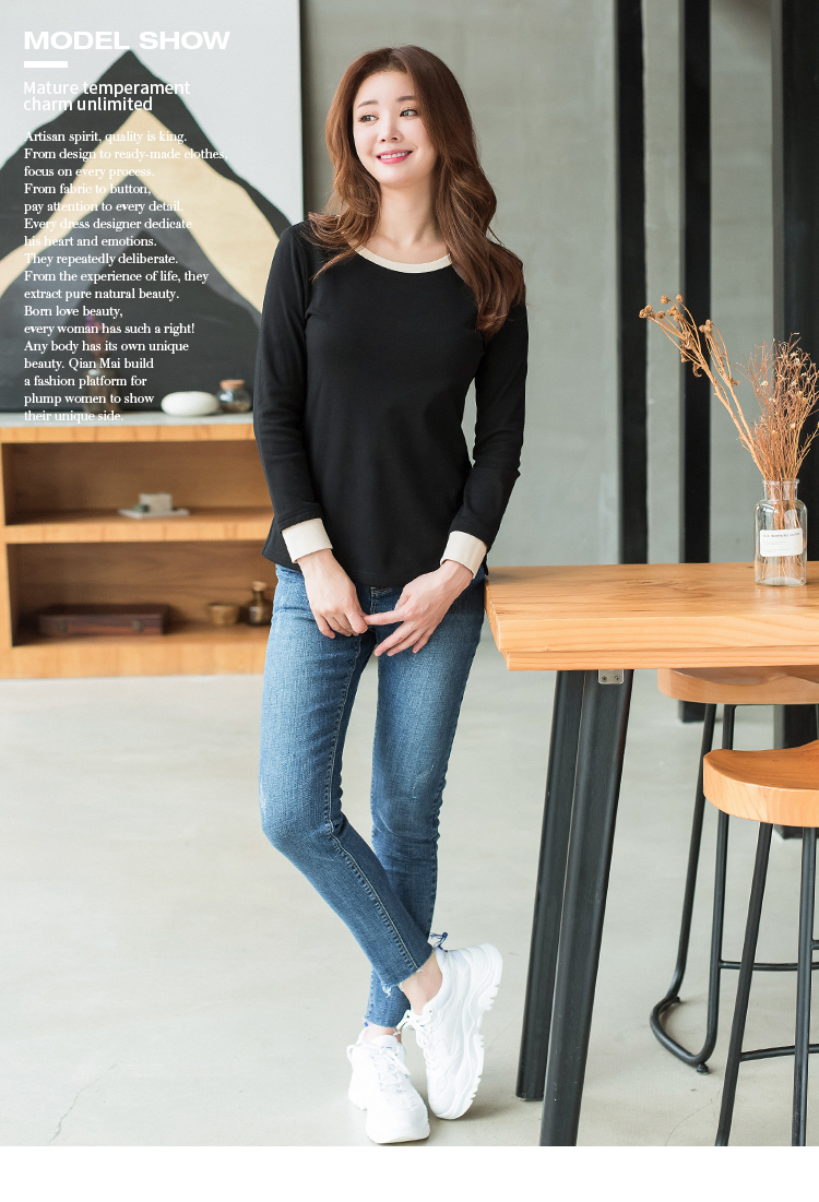 Sợi lúa mì 2018 đầu thu của phụ nữ mới áo thun dài tay nữ size lớn chất béo mm co giãn tự nhiên đan áo sơ mi chạm đáy áo moschino