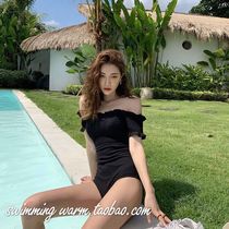  SWIMMING WARM Korean style ins one-shoulder sexy pleated steel bracket gathered thin one-piece holiday swimsuit female