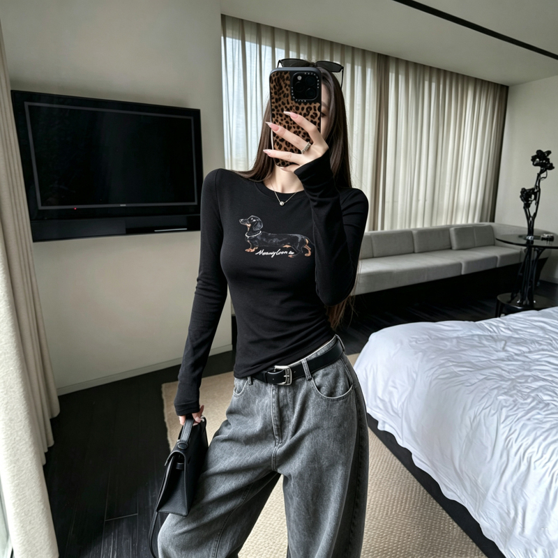 Wassup Sun Black Korean-Style Long-Sleeve T-Shirt for Women, Suitable for Wearing Alone, 2026 New Base Layer Top