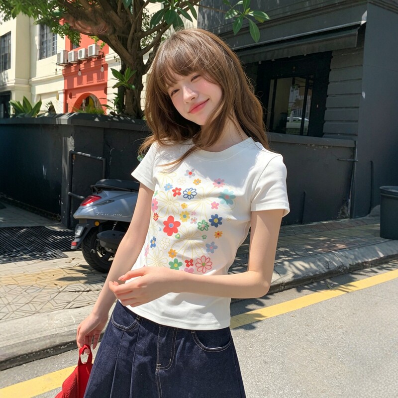 Wassup Sun American-Style Floral Print White Short-Sleeve T-Shirt for Women, Summer Niche Slim-Fit Top with a Unique Design and Regular Shoulders
