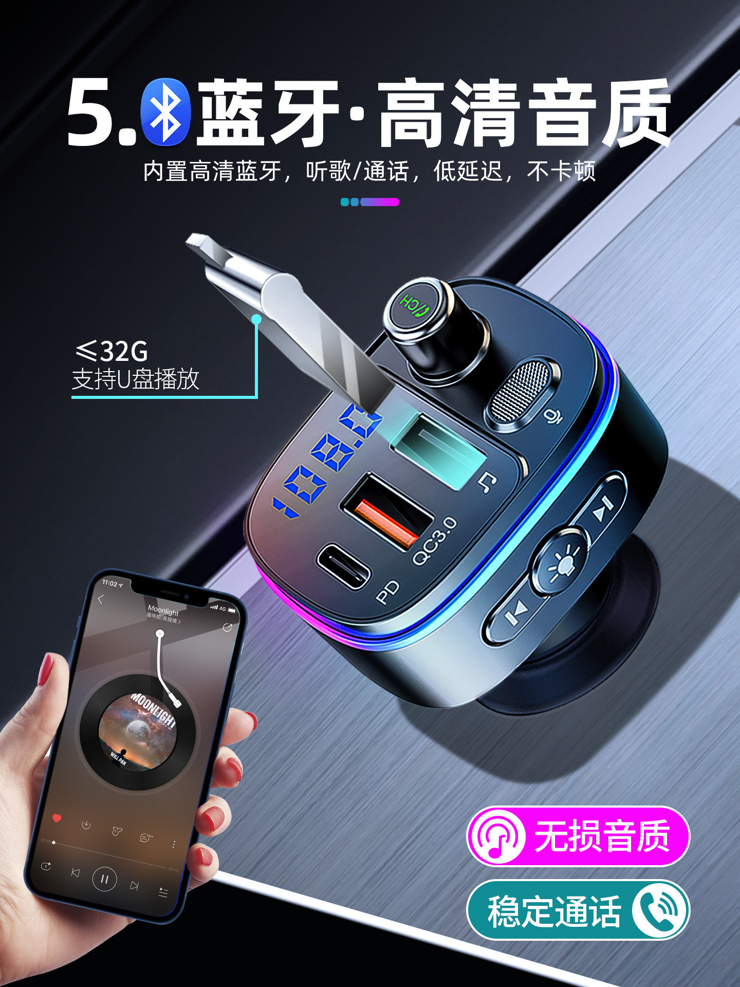 Newman Car Bluetooth Receiver Mp3 Player Lossless Sound Quality Car Converter Aux Cigarette Lighter Charger