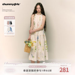 chummygirls ຕົ້ນສະບັບຝຣັ່ງ retro girly ພິມ pleated A-line ແອວສູງ halterneck ຍາວ dress