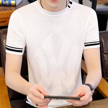 Tide brand short-sleeved T-shirt mens summer thin slim fit round neck mulberry silk T-shirt Korean version of the trend ice silk mens half sleeve