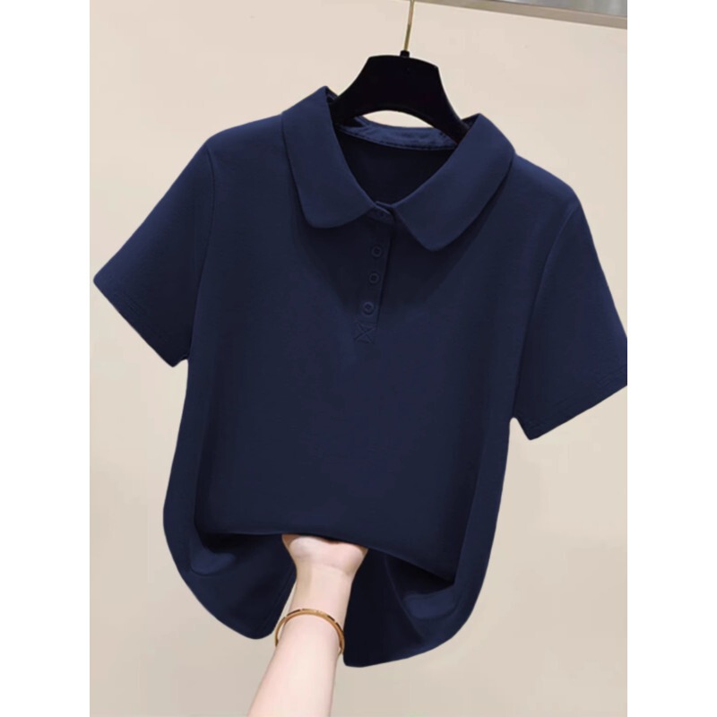 This Year's Popular Navy Blue Polo Collar Button-Down Shirt for Women, Regular Shoulder Short-Sleeve T-Shirt, Loose and Stylish, Age-Reducing Top
