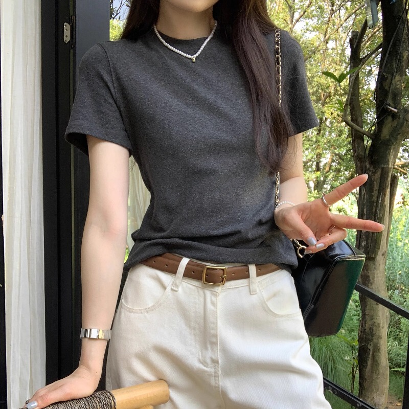 Dark Gray Basic Round Neck Short-Sleeve Regular Shoulder T-Shirt for Women, Solid Color Base Shirt, High-End Short Top, Summer 2026