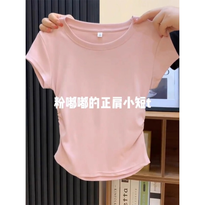 Pink Round Neck Short-Sleeved T-Shirt for Women 2026 Summer Pleated Waist Slimming Straight Shoulder Dopamine Pure Desire Style Short Top