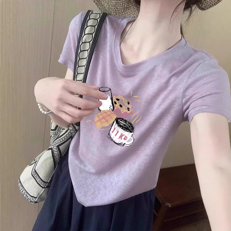 Super Stylish Purple Thin Snowflake Cotton Short-Sleeve T-Shirt for Women, 2026 Summer New American Retro Loose Slimming Top