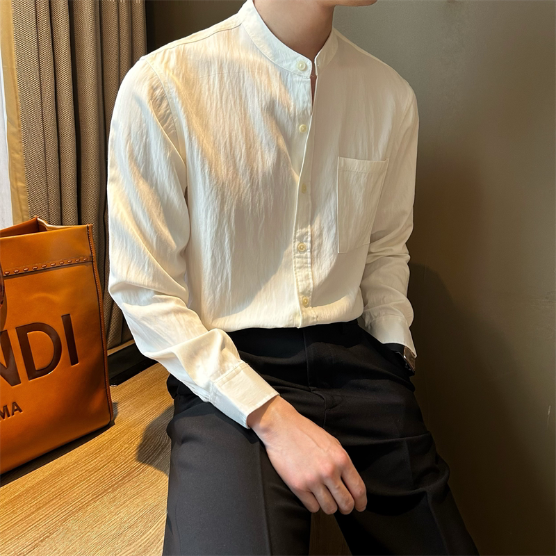 Mr. Nr Korean Style Casual Stand Collar Pure White Men's Shirt with Pocket Design, Simple and Light Luxury Style Trendy Shirt