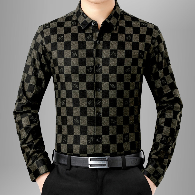 Plaid square collar business casual cashmere shirt men's middle-aged long-sleeved iron-free autumn spring and autumn hot clothes fashion trend