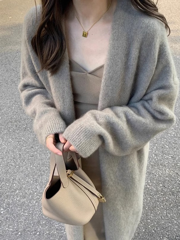 Moscoloni Gentle Style Cashmere Wool Soft Knit Cardigan for Women 2026 Over-The-Knee Sweater Coat Mid-Length