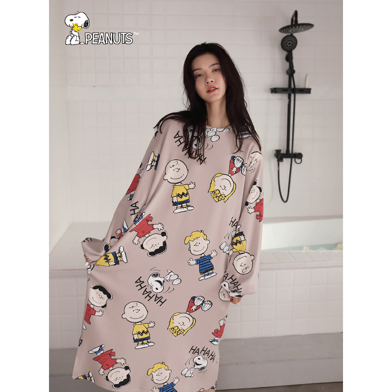 Beryan Sleepwear Woman Spring Autumn Season Cute Cartoon History Nubi Sleep Skirt Korean version Long version Girl Pure Cotton Long Sleeve Home Suit