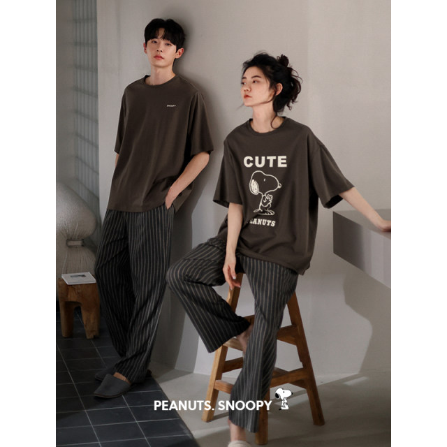 Beiyan Snoopy Couple Pajamas ແມ່ຍິງ Summer ບາງໆເຢັນແບບຜ້າຝ້າຍເຮືອນເຄື່ອງນຸ່ງຜູ້ຊາຍແຂນສັ້ນ Pants Set