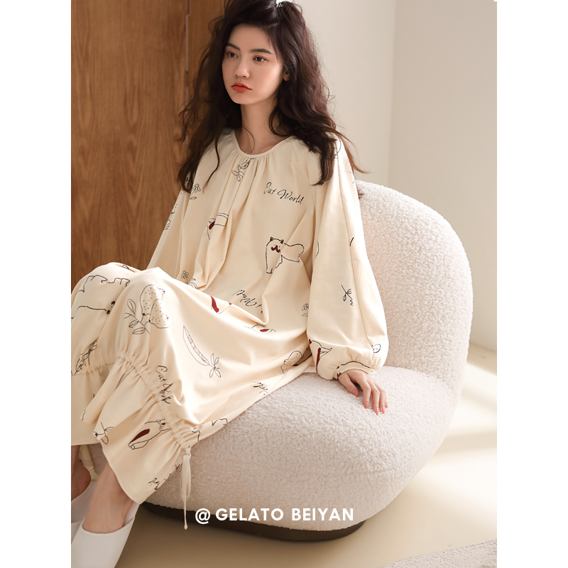 Beyyeon Pyjamas Woman Spring Autumn Season Pure Cotton Long Sleeve Loose large size Cotton Sleeping Dress Sweet girl Home Home Dress