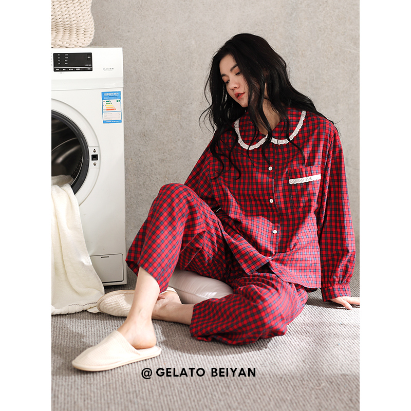 Beyan Red Pyjamas Woman Spring Summer Pure Cotton Long Sleeve Plaid Big Code Home Clothing Soft Cotton This Year Red Suit-Taobao