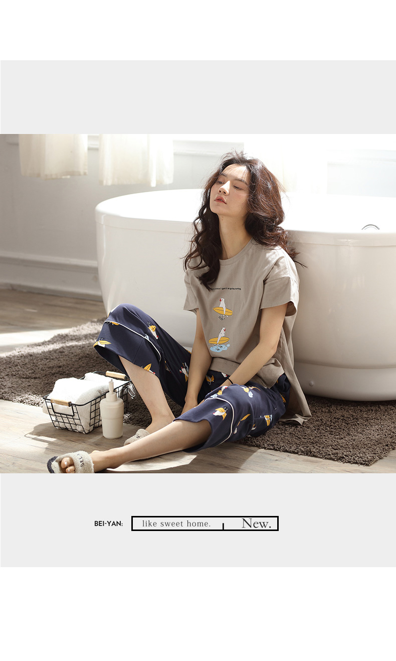 Dưới đây mùa hè vài bông đồ ngủ Hàn Quốc phiên bản của phần dài của phụ nữ của phần mỏng dịch vụ nhà có thể được đeo bên ngoài của nam giới ngắn tay bông phù hợp với đồ bộ pijama