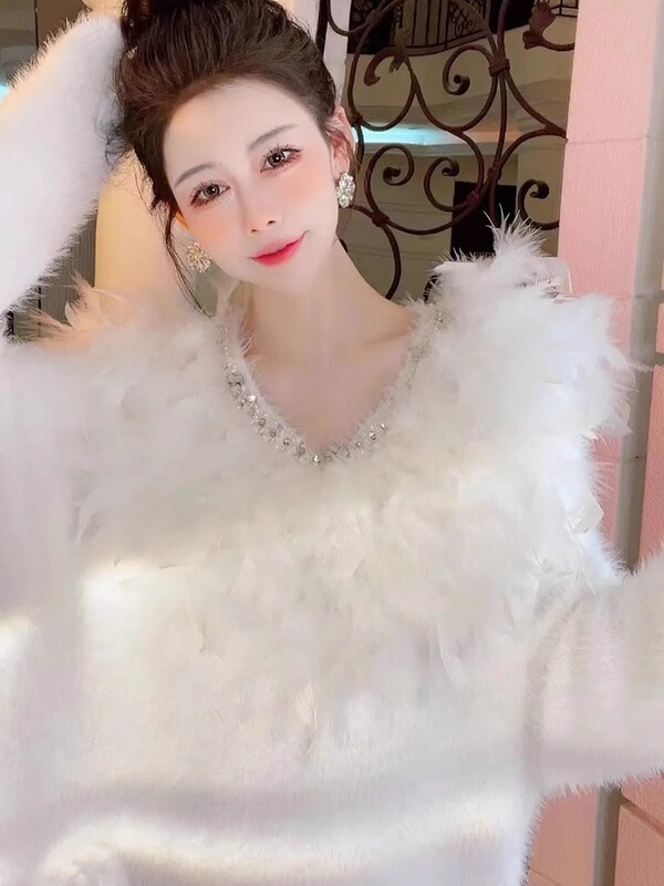 Lazy Style Heavy-Duty Rhinestone Mink Sweater for Women, Mid-Length, 2023 Autumn and Winter New Style, Loose and Slimming Feather Knitwear