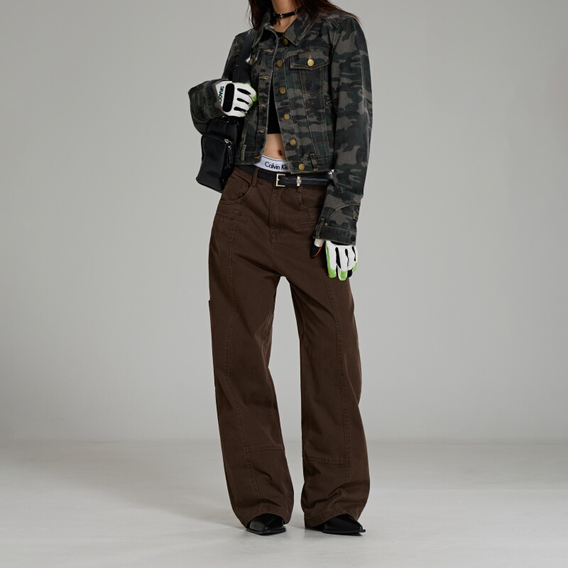 Prmr American Retro Mocha Mousse Brown Work Pants Unisex Multi-Pocket Structured Baggy Casual Pants