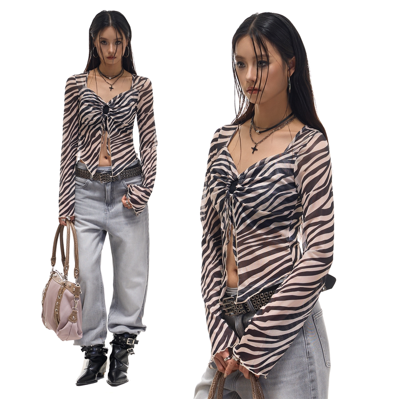 Prmr Retro Light Zebra Print Asymmetrical Swallowtail Slightly Sheer Mesh T-Shirt Sexy Pure Desire Hollow-Out Tie-Up Blouse