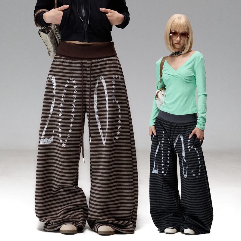 Prmr Retro Millennium Stripe 2005 Vintage Print Loose Jogger Pants Couple Street Style Oversized Casual Trousers