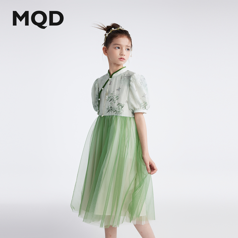 【National Style】Mqd Girls' Short-Sleeve Dress 26 Summer New Style Children's New Chinese Style Patchwork Bamboo Mesh Skirt 【National Style】Mqd Girls' Short-Sleeve Dress 26 Summer New Style Children's New Chinese Style Patchwork Bamboo Mesh Skirt
