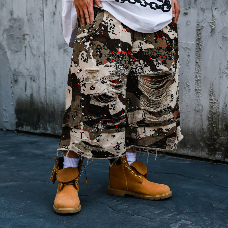 Acusa Desert Camouflage Workwear Style Heavy-Duty Shorts with Rivet Patchwork Distressed Washed Shorts Six-Point Pants Summer Men's