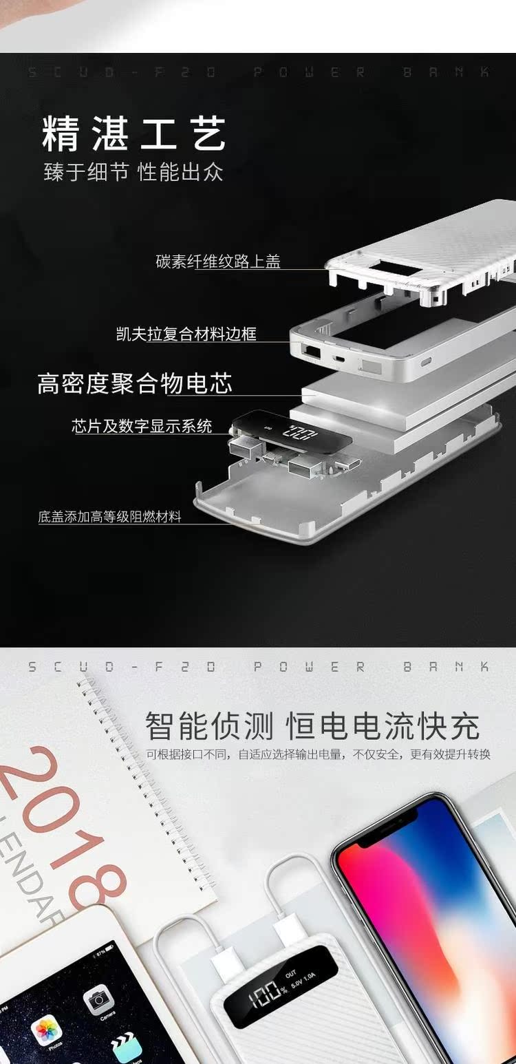 Scud GL20000 điện thoại di động Po 20000 mA đầu ra chịu trách nhiệm kép USB khối 2A phí nhanh 20000MAH hiển thị số lượng dư LED dải cổng sạc chính hãng siêu mỏng bis di động - Ngân hàng điện thoại di động sạc dự phòng yoobao