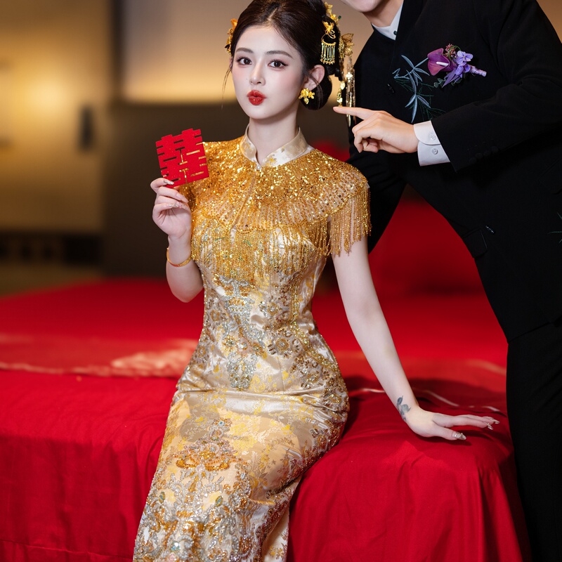 Champagne Gold Engagement Dress for Petite Women, 2026 Xiuhe Dress, Traditional Chinese Bridal Banquet Wedding Dress Champagne Gold Engagement Dress for Petite Women, 2026 Xiuhe Dress, Traditional Chinese Bridal Banquet Wedding Dress