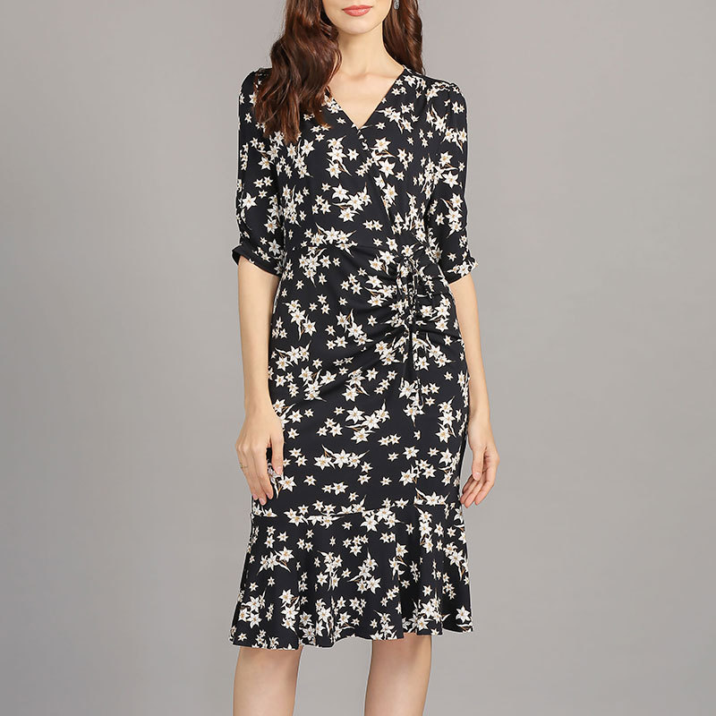 Spring and Summer Plus-Size Women's Clothing Cross V-Neck Slim Waist Pleated Knitted Elastic Hip-Hugging Fishtail Dress Long Style